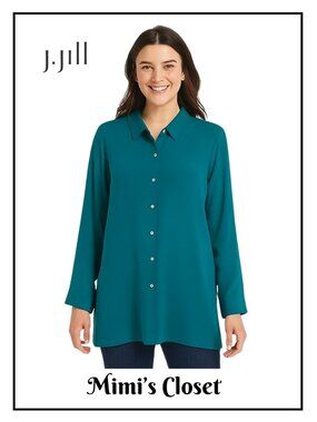 J.JILl Crepe Teal Green Tunic with Mother-of-Pearl Buttons - Size M